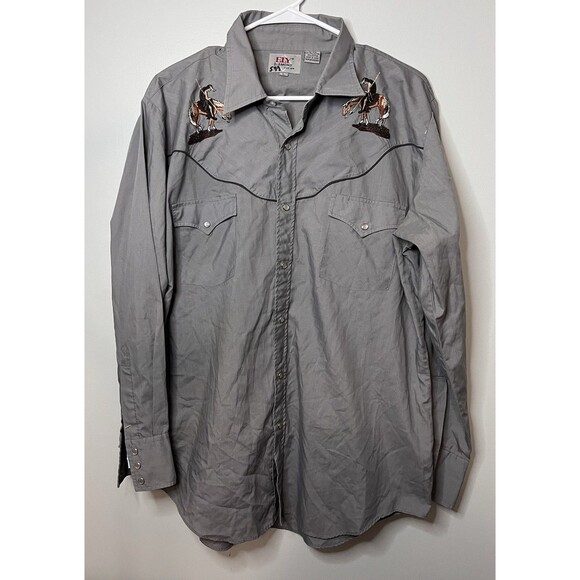 Mens L Vintage Ely Diamond Gray Shirt With Indian On Horse Snap Western Shirt - Picture 1 of 7